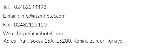 Atam Hotel telefon numaralar, faks, e-mail, posta adresi ve iletiim bilgileri